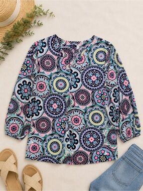 💙💗 Kim Rogers Medallion Print Top Sz Small Colorful Boho 3/4 Sleeve Blouse💗💙